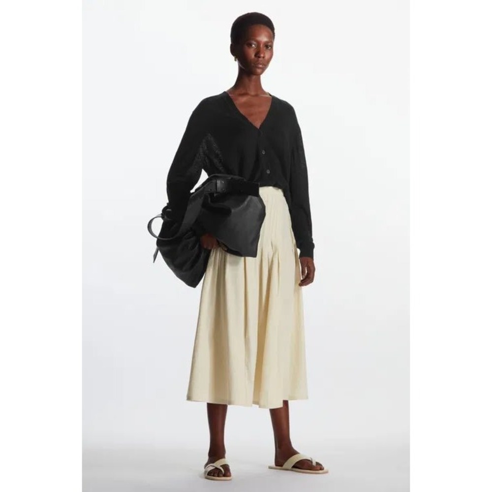 COS Linen Blend Pintuck Pleated A-Line Midi Skirt 8 Cream Neutral Minimalist